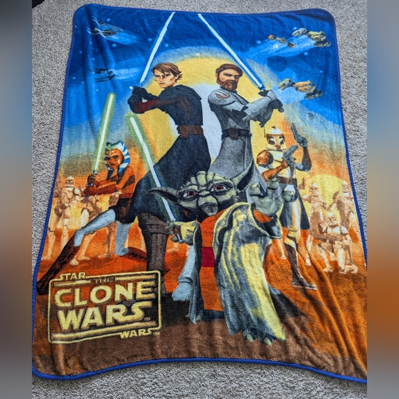 Star Wars Blanket "The Clone Wars" 2009 Oversized Colorful Fleece Throw Yoda - Picture 1 of 8